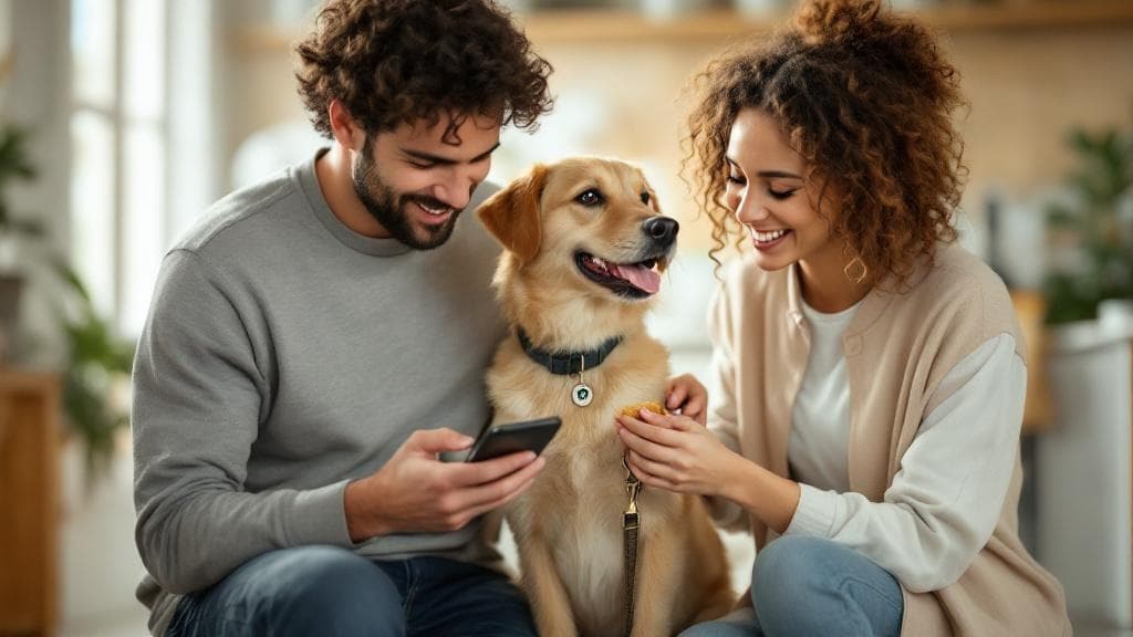 A couple happily managing their dog's health information together on a smartphone