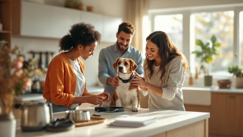 Multiple caregivers coordinating dog care together in a bright kitchen