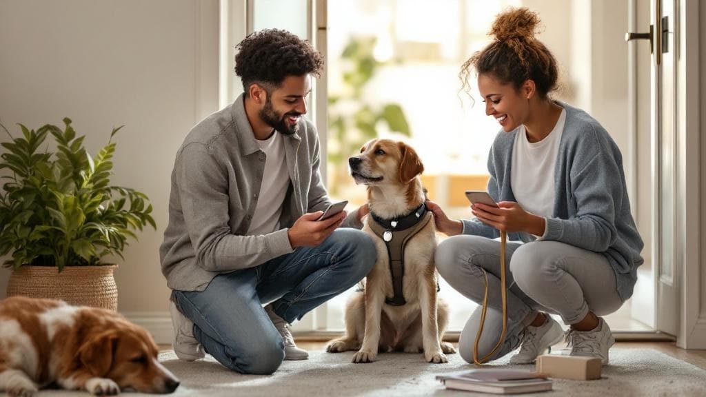 Dog owners using PawBeacon on their phones while spending time with their dogs